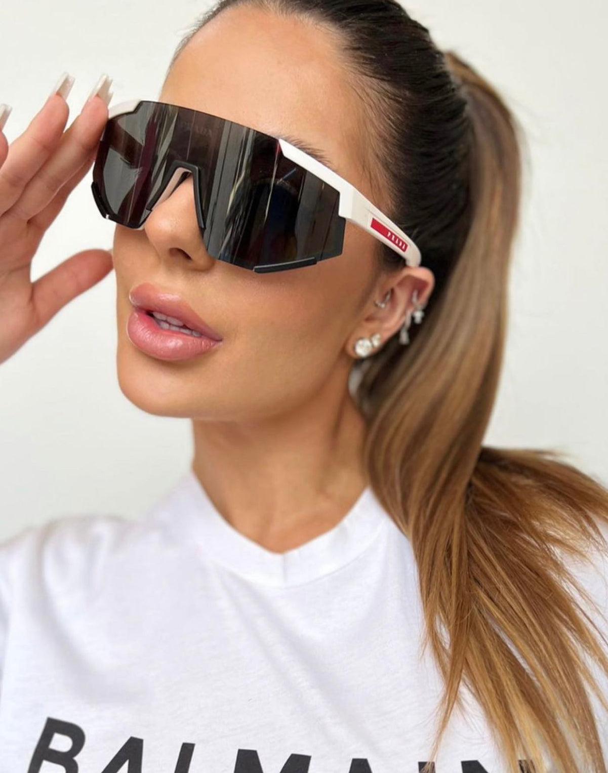 Prada PS04WS White Linea Rossa Shield Visor Sunglasses - ModaBlvck