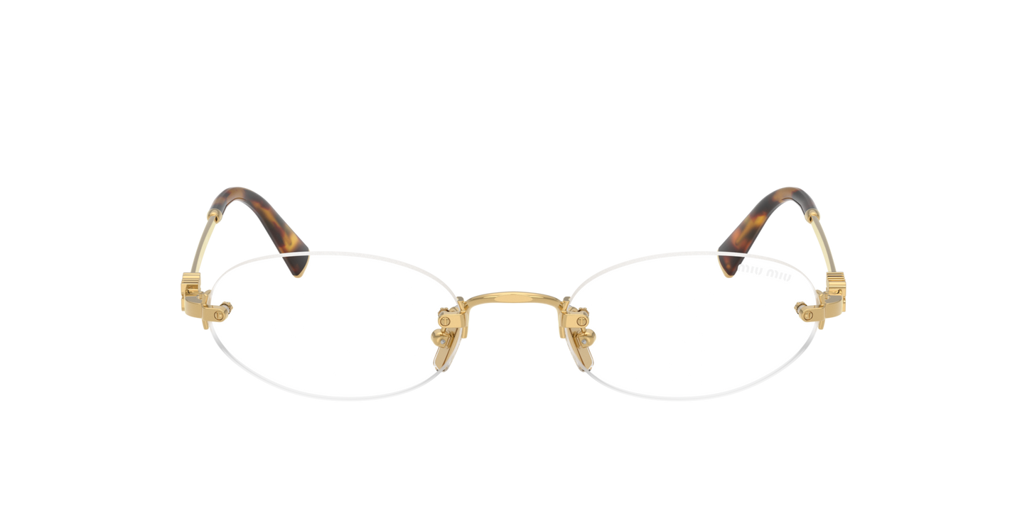 Miu Miu MU A54S 5AK08N Rimless Oval Sunglasses Gold Frame with Blue Control Lenses