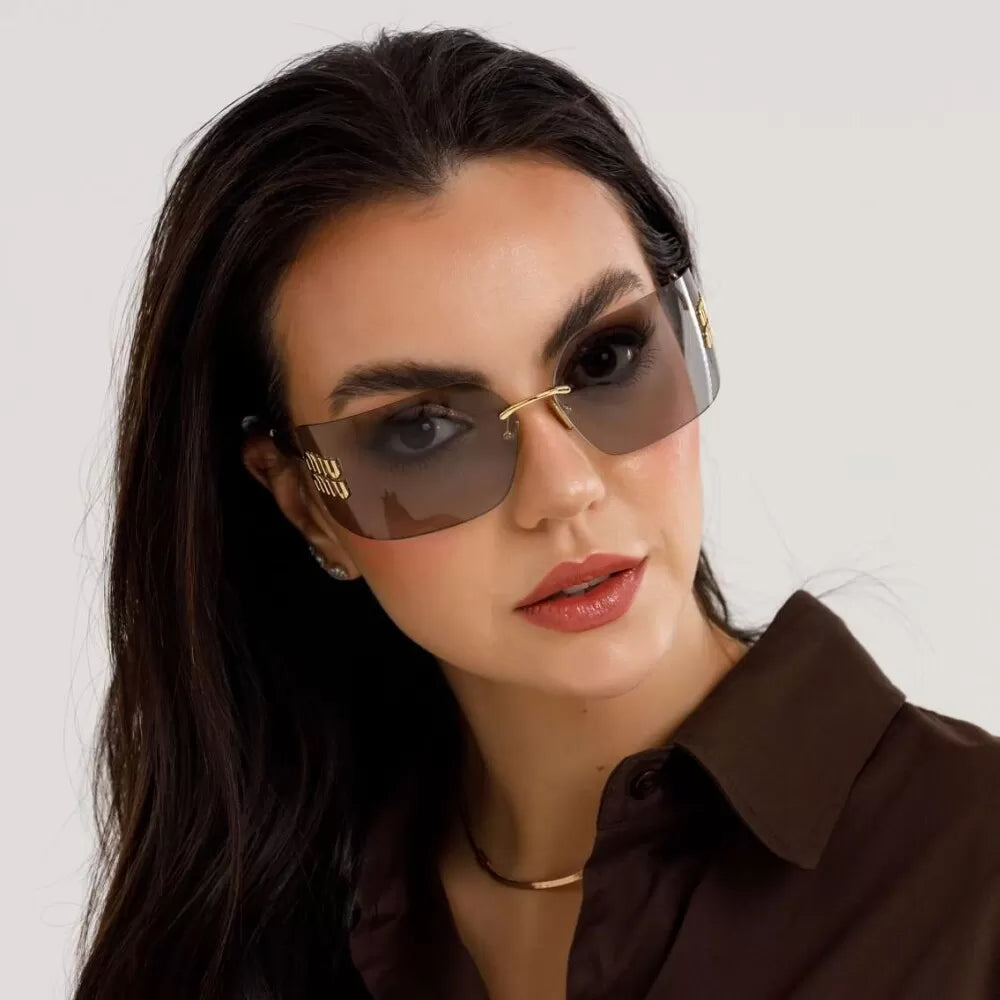 Miu Miu MU 54YS 5AK30B Rimless Rectangle Sunglasses Gold / Light Grey