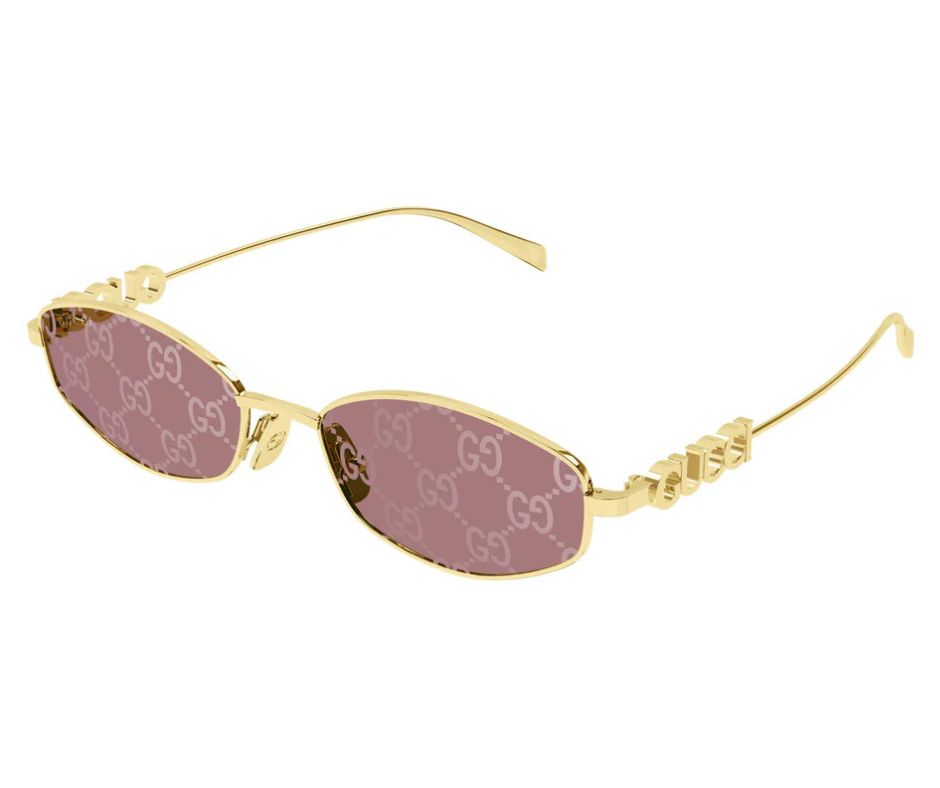 Gucci GG1802S 002 Round Sunglasses Gold / Pink Lens Crystal Logo Temple