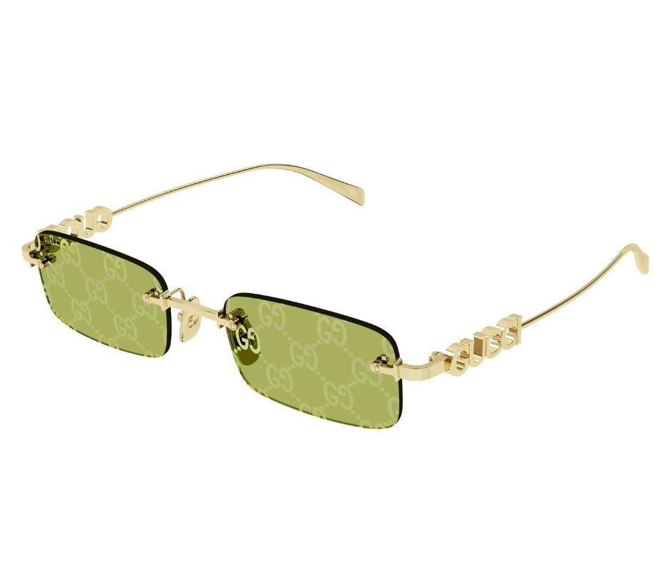 Gucci GG1808S 002 Rimless Rectangle Sunglasses Gold Green Lens Logo