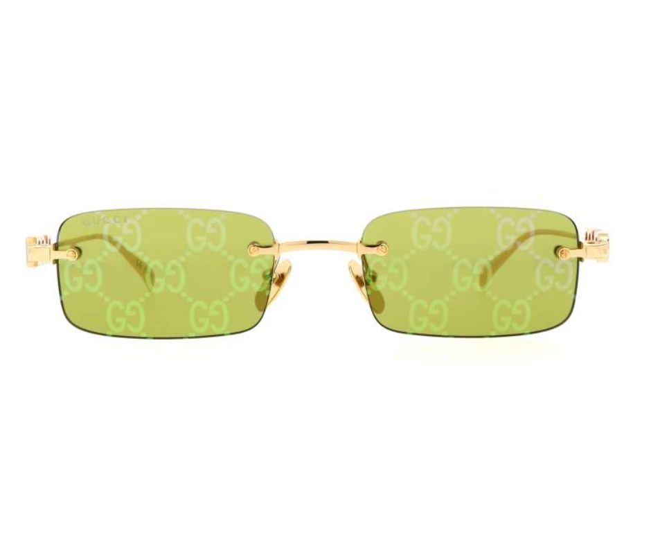 Gucci GG1808S 002 Rimless Rectangle Sunglasses Gold Green Lens Logo