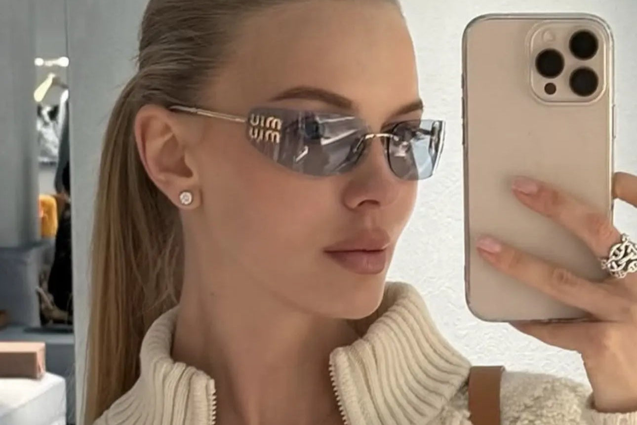 Miu Miu MU A51S ZVN10P Pale Gold Rimless Rectangle Sunglasses Light Blue Lenses