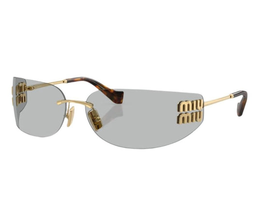 Miu Miu Rimless 0MU A51S Gold Logo Shield Sunglasses Gold/Light Grey