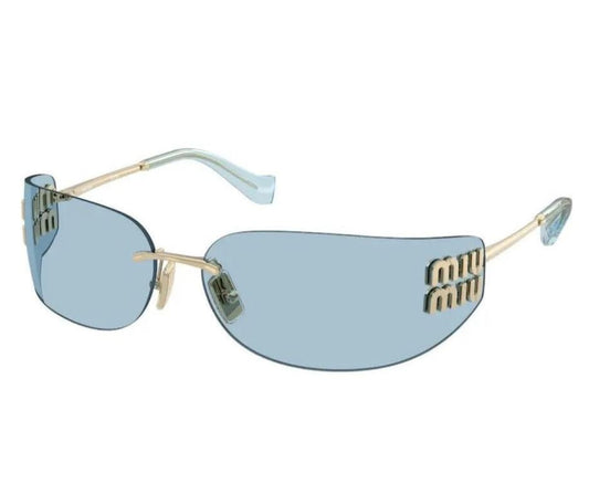 Miu Miu MU A51S ZVN10P Pale Gold Rimless Rectangle Sunglasses Light Blue Lenses
