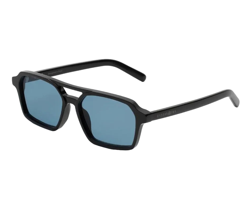 Black sunglasses with blue lenses on a white background