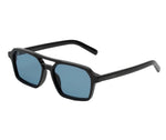 Black sunglasses with blue lenses on a white background