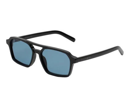 Black sunglasses with blue lenses on a white background