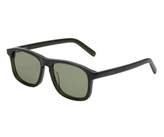 Black sunglasses with green lenses on a white background