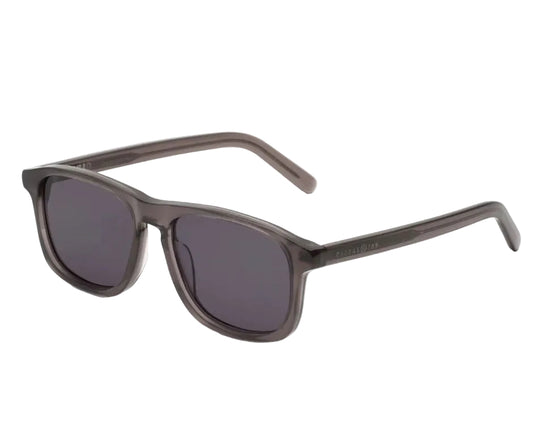 Sunglasses with dark lenses and gray frame on a white background