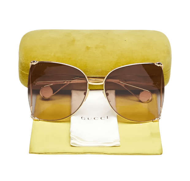 Gucci GG0252S 003 Goldtone Metal Oversized Brown Lens Sunglasses - ModaBlvck