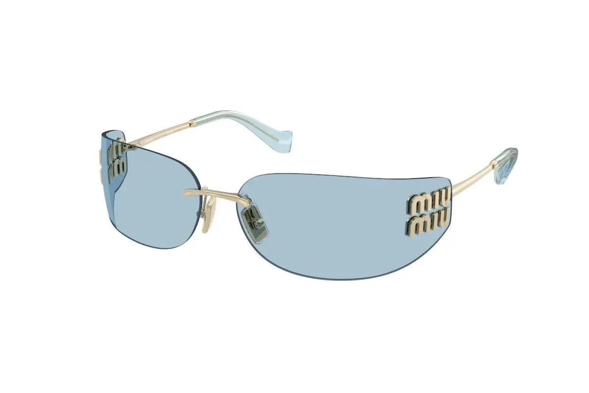 Miu Miu MU A51S ZVN10P Pale Gold Rimless Rectangle Sunglasses Light Blue Lenses