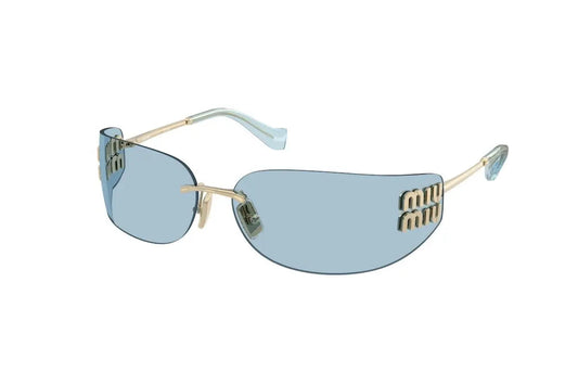 Miu Miu MU A51S ZVN10P Pale Gold Rimless Rectangle Sunglasses Light Blue Lenses