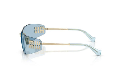 Miu Miu MU A51S ZVN10P Pale Gold Rimless Rectangle Sunglasses Light Blue Lenses