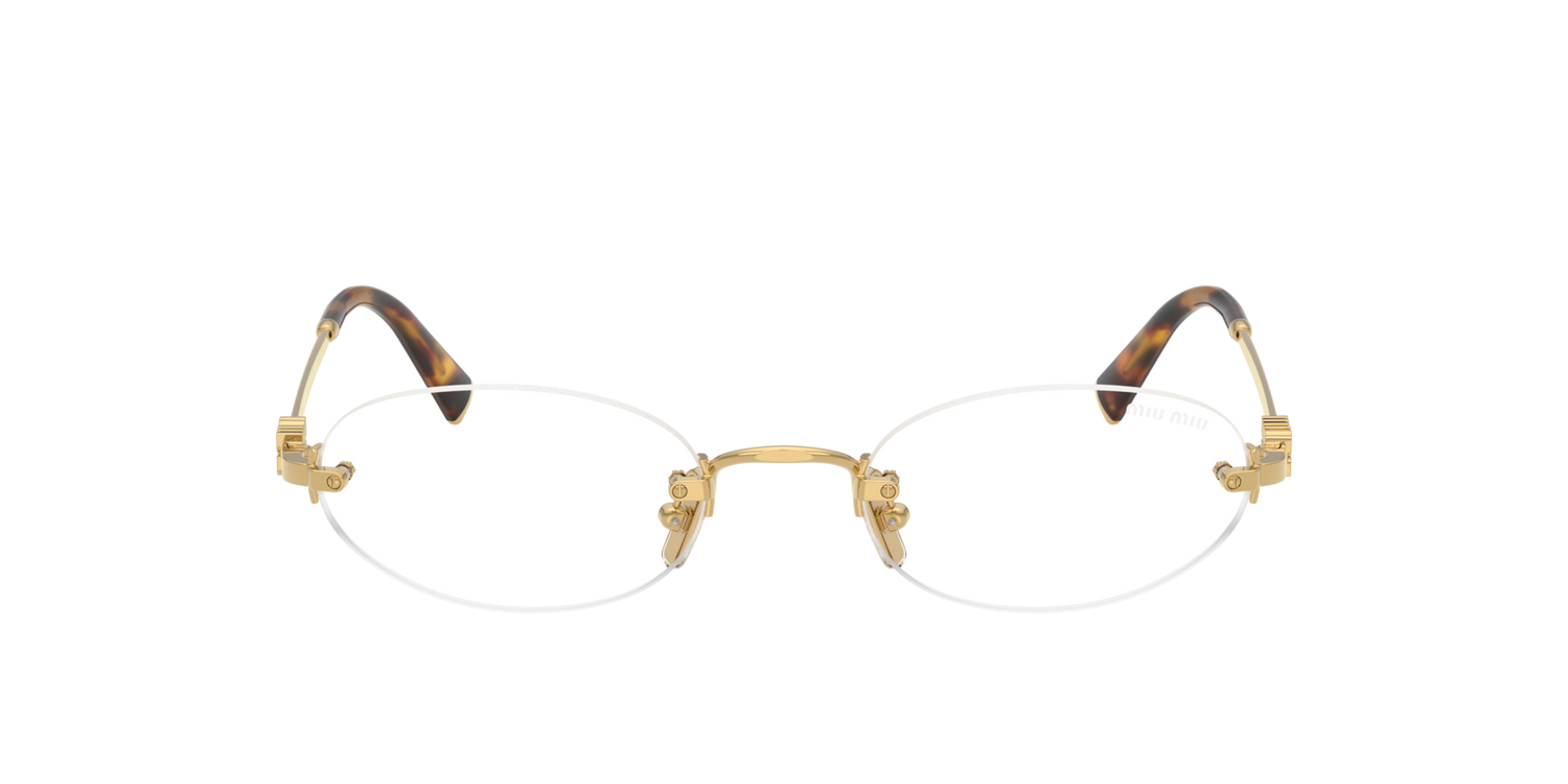 Miu Miu MU A54S 5AK08N Rimless Oval Sunglasses Gold Frame with Blue Control Lenses