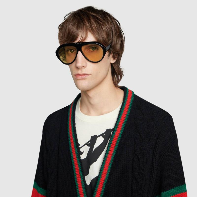 Gucci GG0479S 002 Black Yellow Aviator Sunglasses