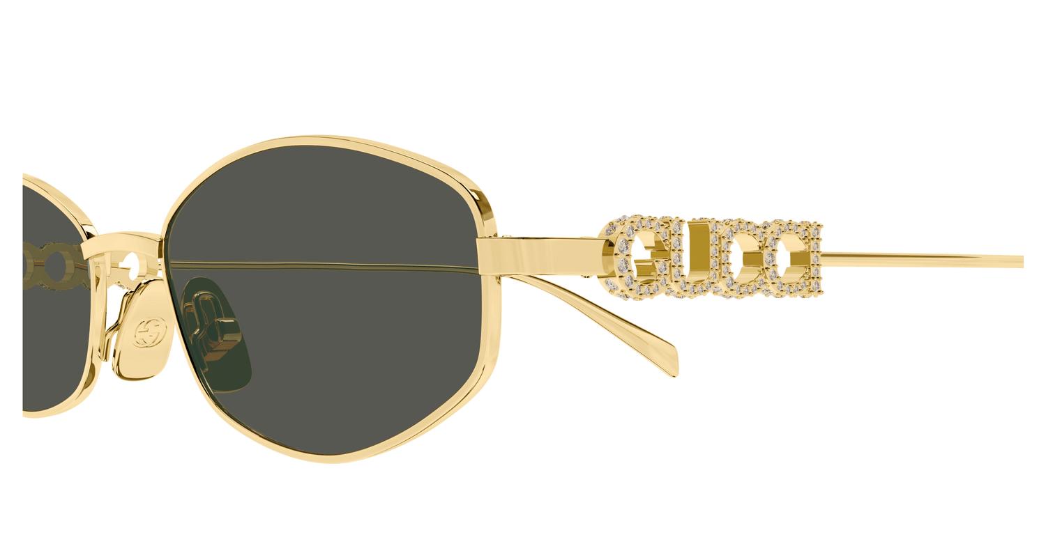 Gucci GG1802S 001 Round Sunglasses Gold / Grey Lens Crystal Logo Temple