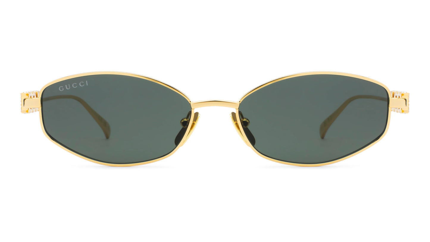Gucci GG1802S 001 Round Sunglasses Gold / Grey Lens Crystal Logo Temple