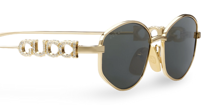 Gucci GG1802S 001 Round Sunglasses Gold / Grey Lens Crystal Logo Temple