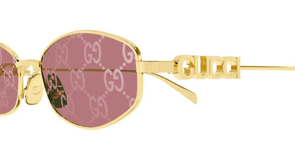 Gucci GG1802S 002 Round Sunglasses Gold / Pink Lens Crystal Logo Temple