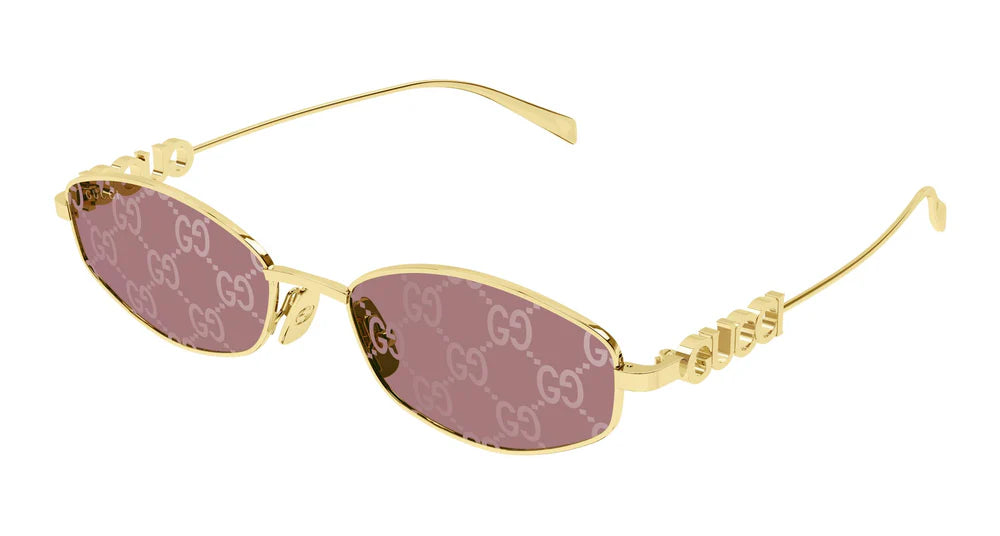Gucci GG1802S 002 Round Sunglasses Gold / Pink Lens Crystal Logo Temple