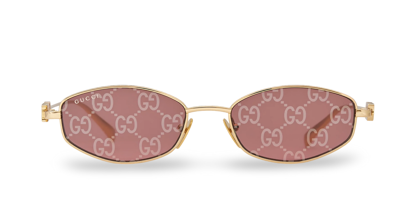 Gucci GG1802S 002 Round Sunglasses Gold / Pink Lens Crystal Logo Temple