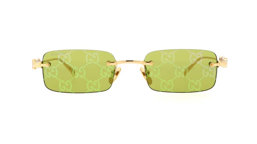 Gucci GG1808S 002 Rimless Rectangle Sunglasses Gold Green Lens Logo