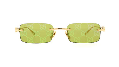 Gucci GG1808S 002 Rimless Rectangle Sunglasses Gold Green Lens Logo
