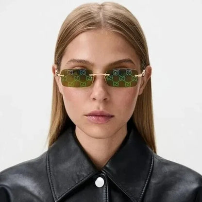 Gucci GG1808S 002 Rimless Rectangle Sunglasses Gold Green Lens Logo