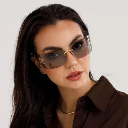 Miu Miu MU 54YS 5AK30B Rimless Rectangle Sunglasses Gold / Light Grey